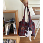 Load image into Gallery viewer, Scottish Plaid Flocking Cat Printing Handbag Vintage