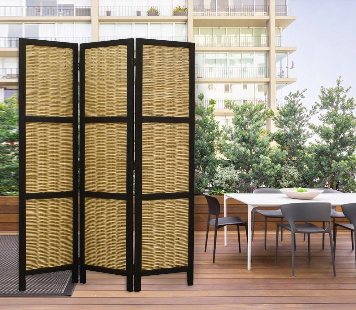 Dark Brown And Natural Willow 3 Panel Room Divider Screen