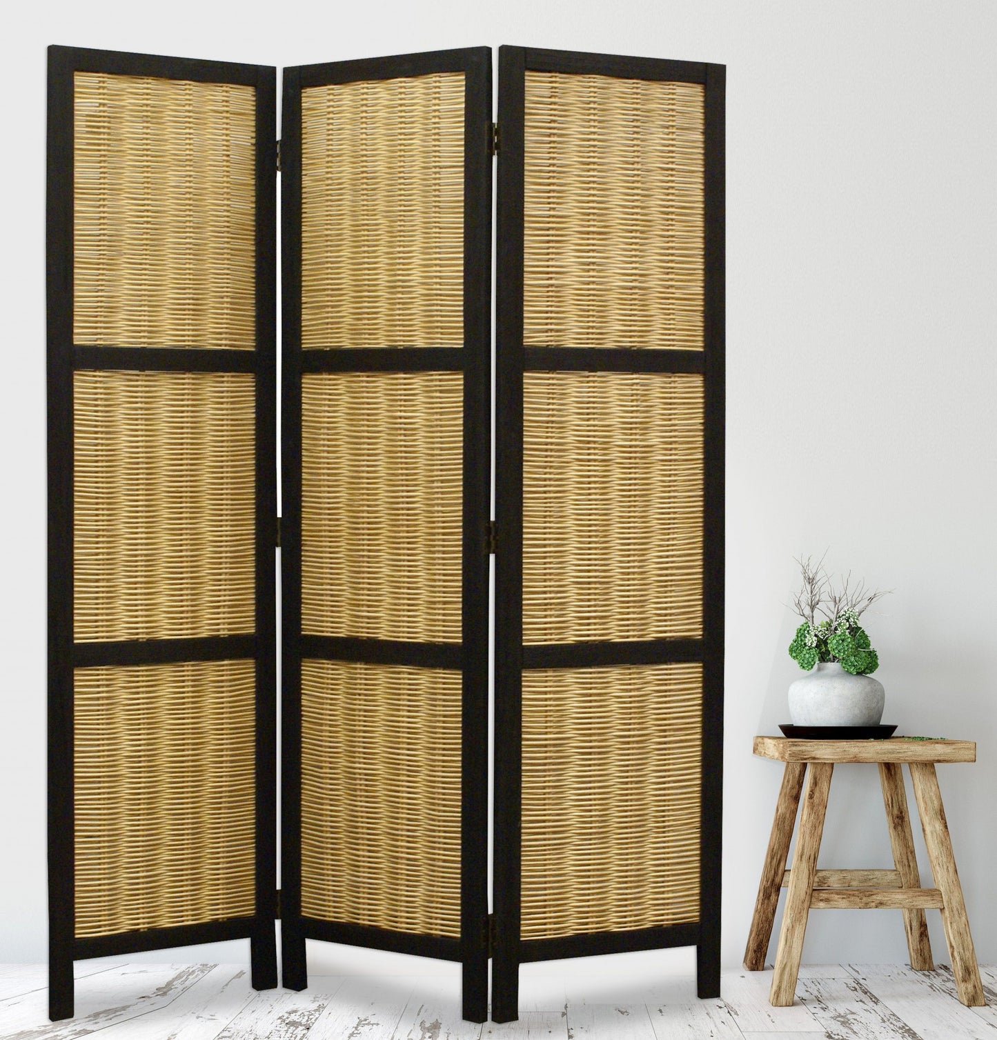 Dark Brown And Natural Willow 3 Panel Room Divider Screen