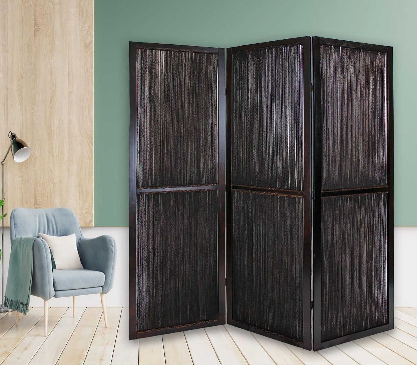 Dark Wood And Water Hyacinth 3 Panel Room Divider Screen