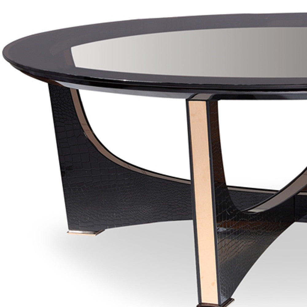 18" Black Crocodile Textures And Rosegold  And Glass Coffee Table