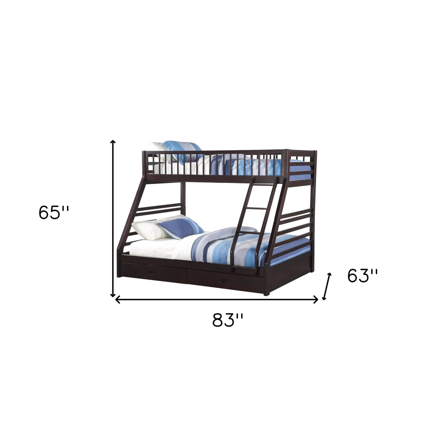 83" X 63" X 65" Espresso Pine Wood Twin Xl Over Queen Bunk Bed