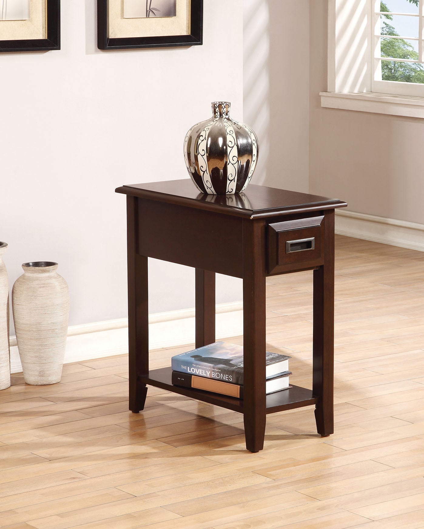 23" Brown Solid Wood End Table With Drawer And Shelf