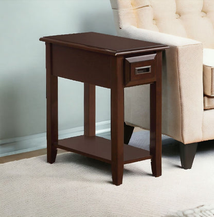 23" Brown Solid Wood End Table With Drawer And Shelf