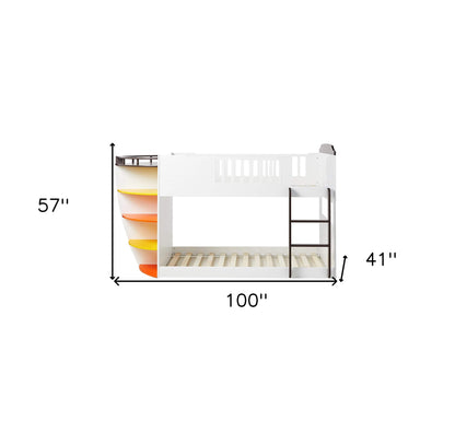 Brown and White Twin Transitional Bunk Bed with Shelves