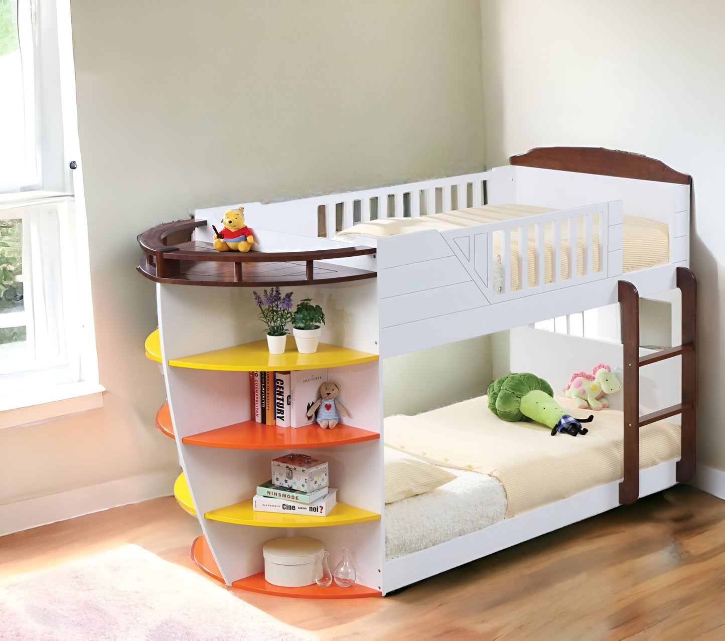 Brown and White Twin Transitional Bunk Bed with Shelves