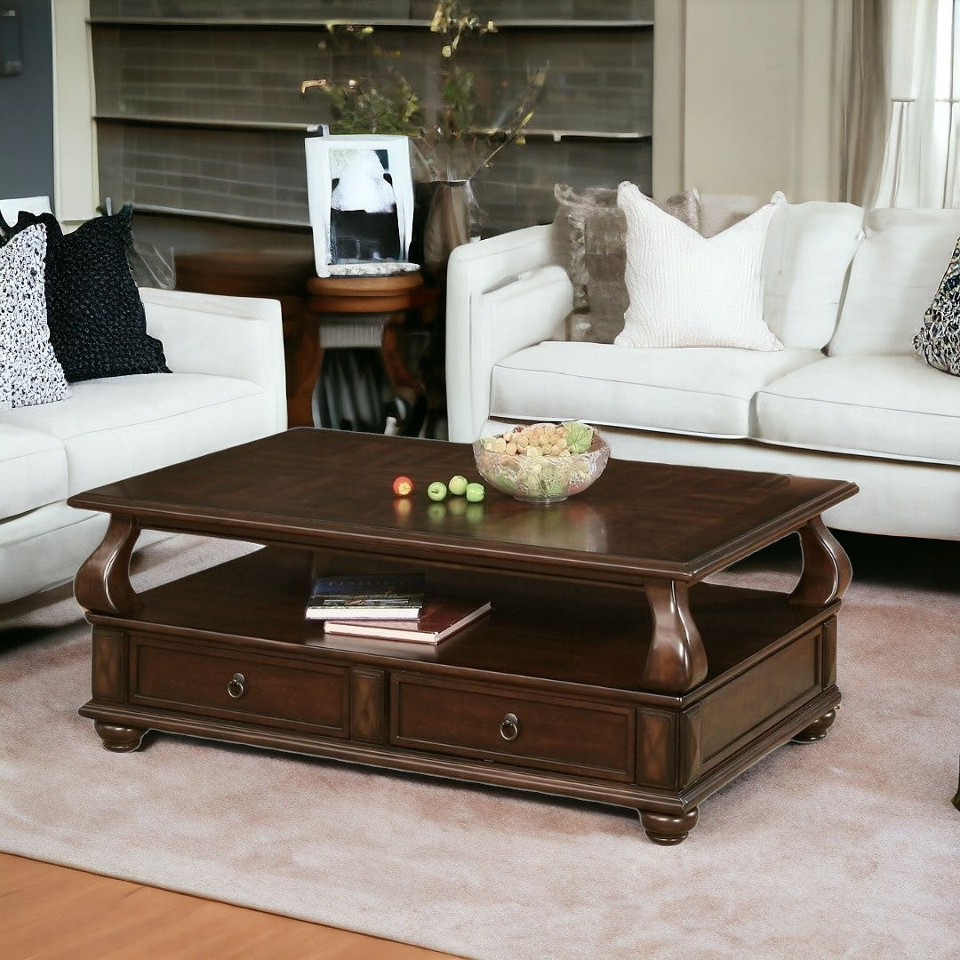 50" Dark Brown Solid Wood Coffee Table With Two Drawers And Shelf