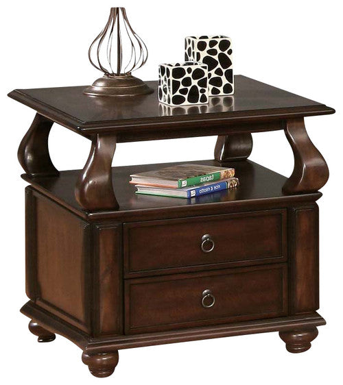 26" Brown Solid Wood Square End Table With Two Drawers And Shelf