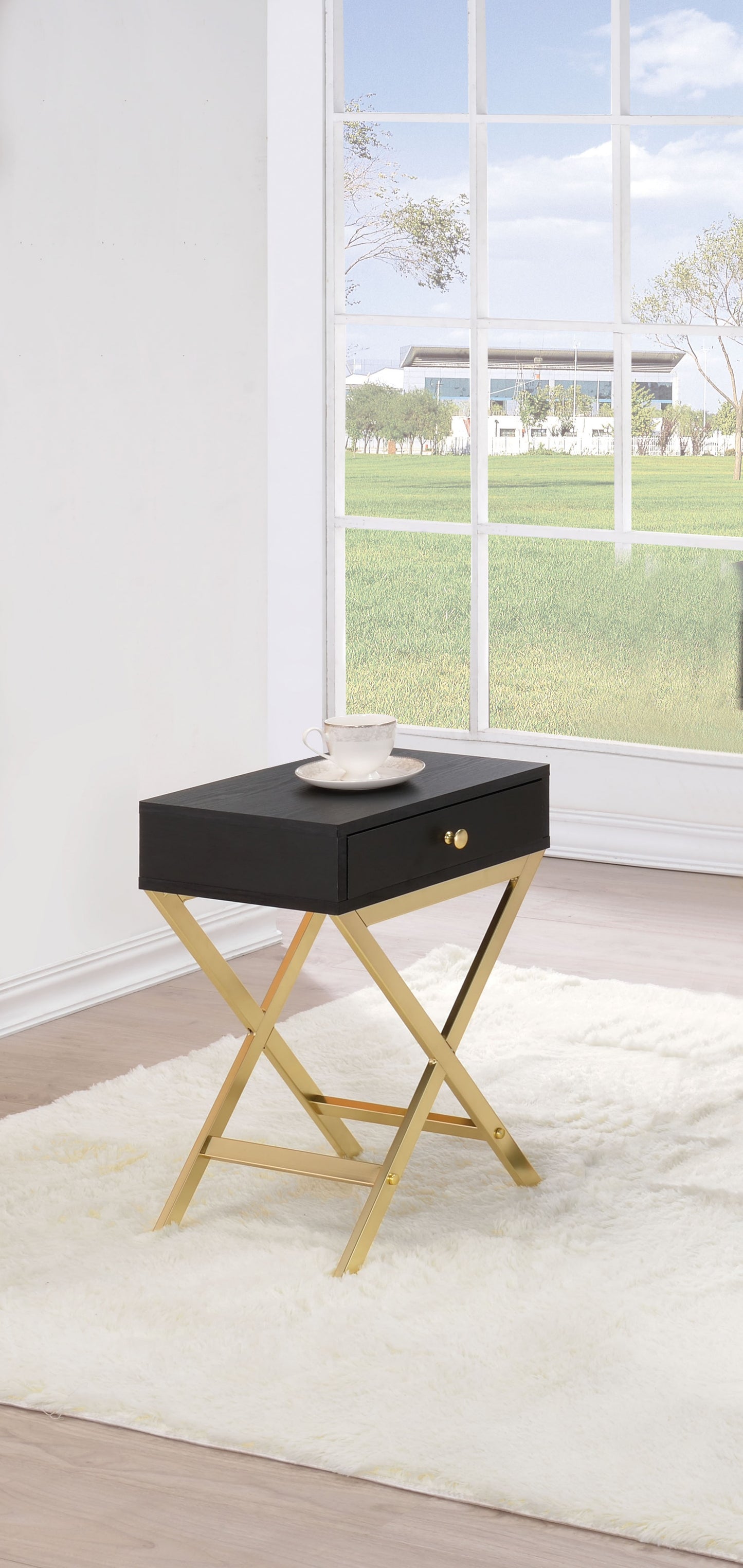 24" Gold And White Solid Wood End Table With Drawer