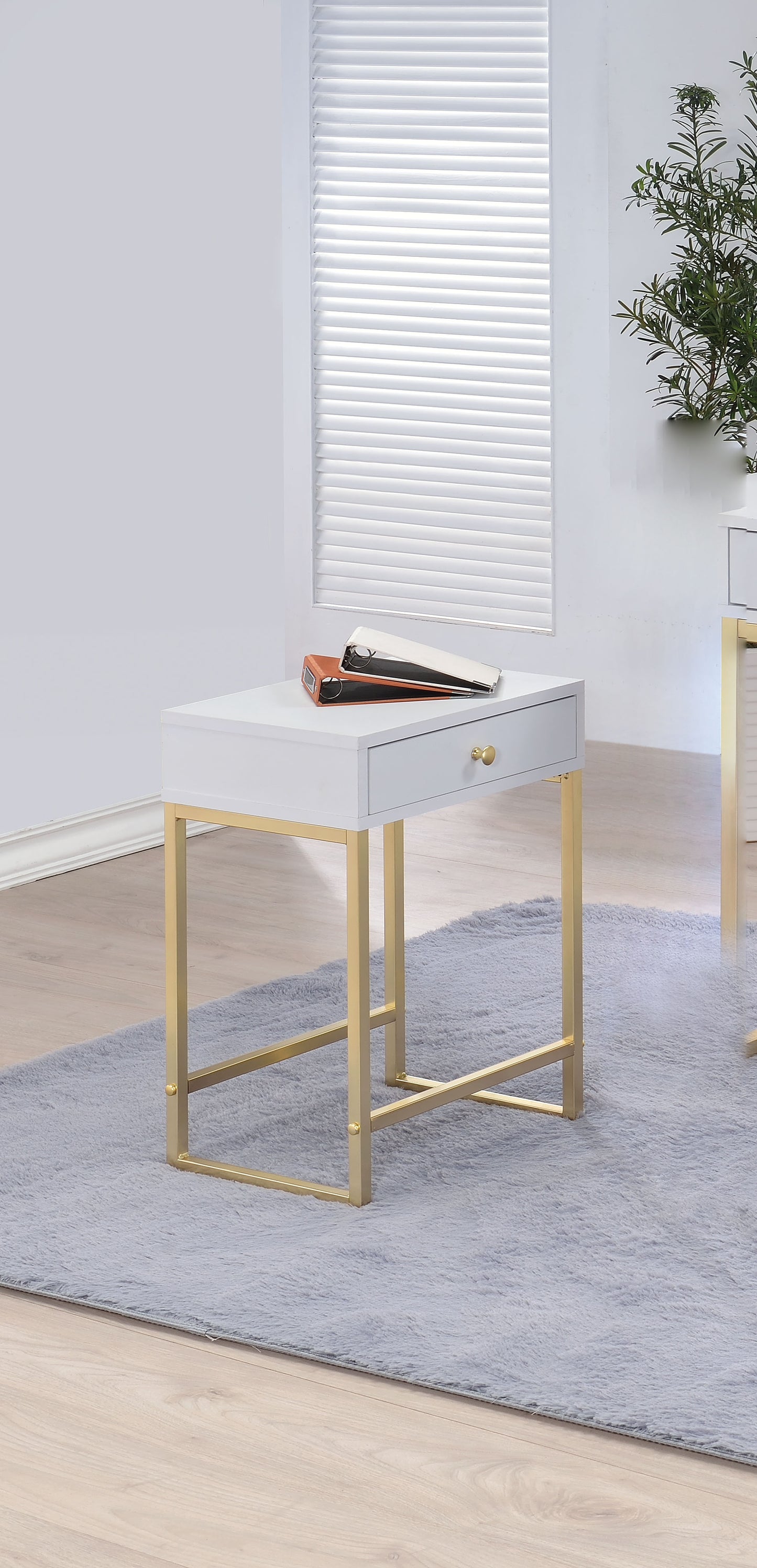 24" Gold And White Solid Wood End Table With Drawer