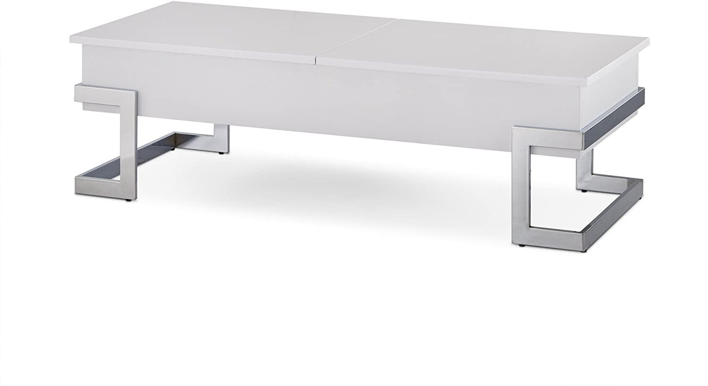 47" White And Silver Rectangular Lift Top Coffee Table