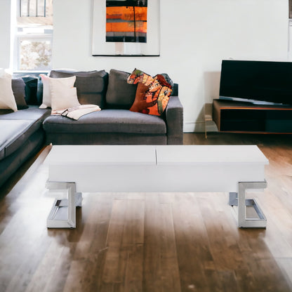 47" White And Silver Rectangular Lift Top Coffee Table