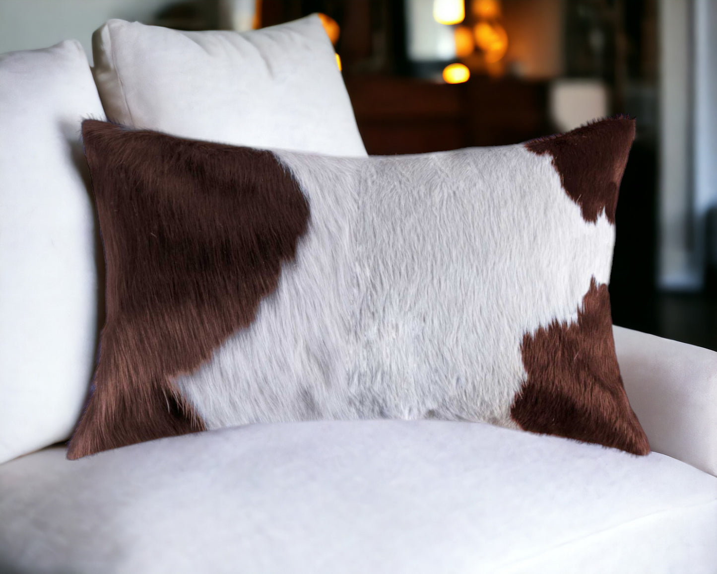 12" X 20" Brown and White Cowhide Throw Pillow