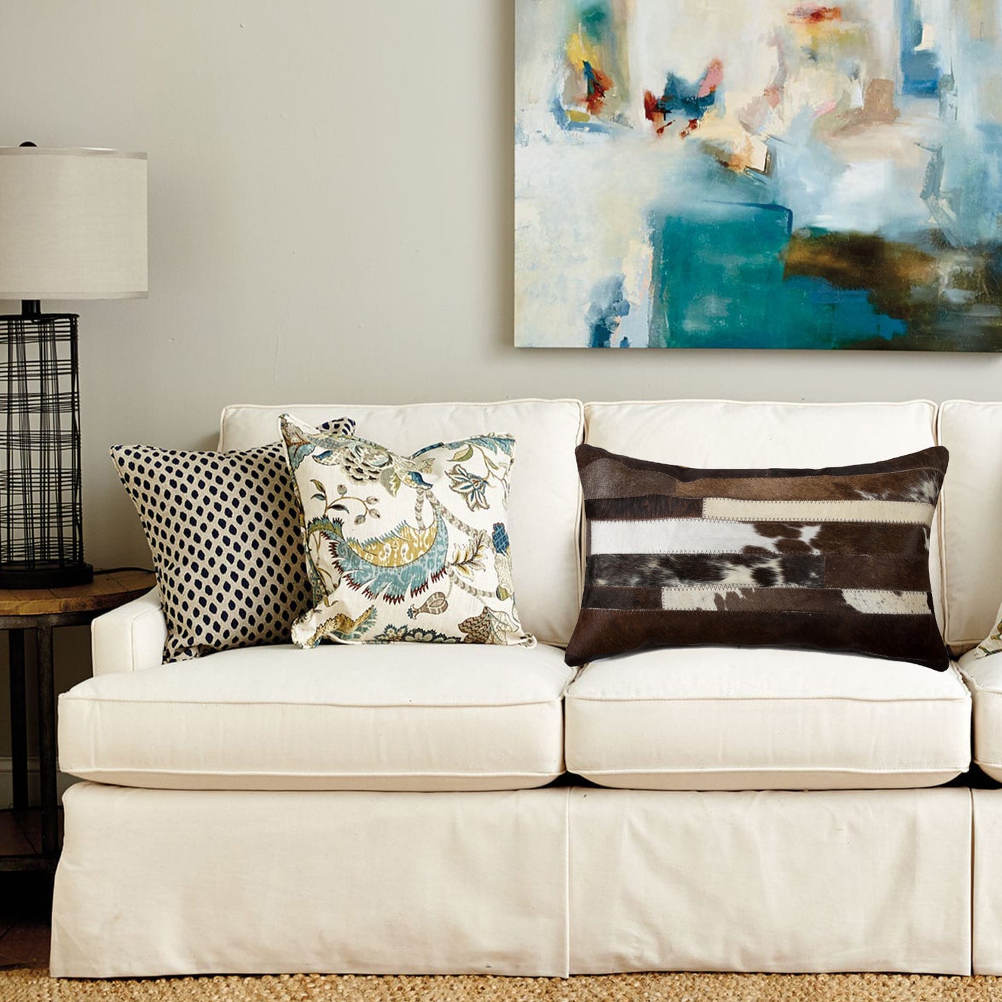 12" X 20" Brown and White Cowhide Throw Pillow