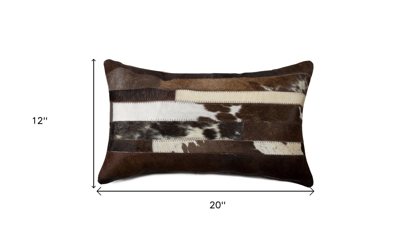 12" X 20" Brown and White Cowhide Throw Pillow