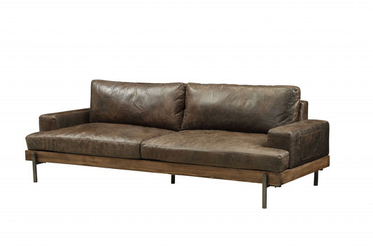 95" Chocolate Top Grain Leather Sofa With Black Legs