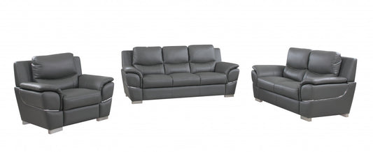 Three Piece Indoor Gray Genuine Leather Six Person Seating Set