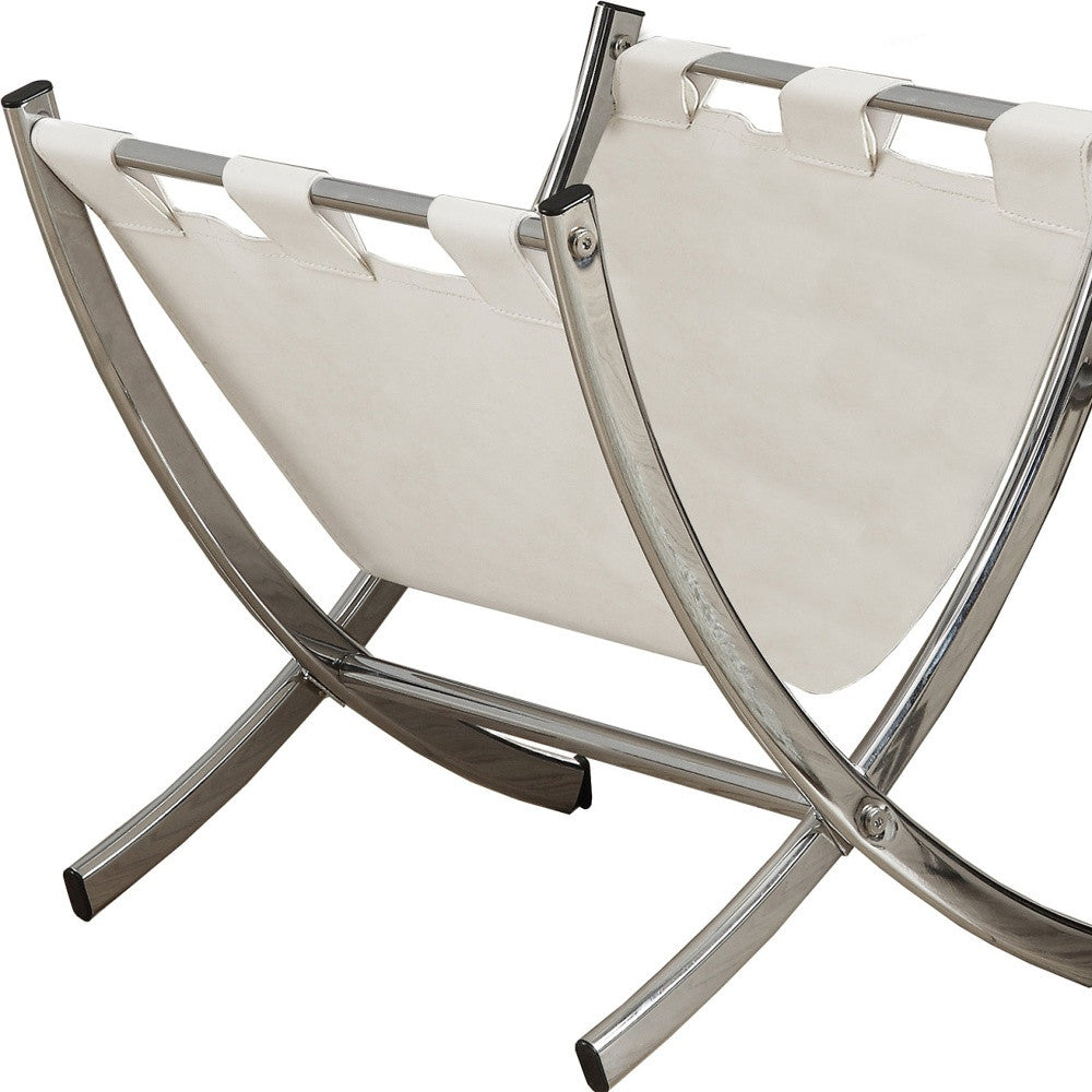 18" Silver and White Chrome and Faux Leather Magazine Rack