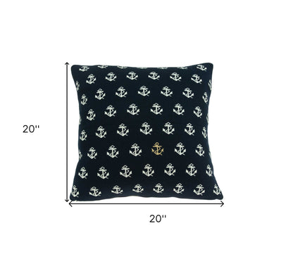 20" Blue and Off White Reversible Nautical Anchor Cotton Throw Pillow