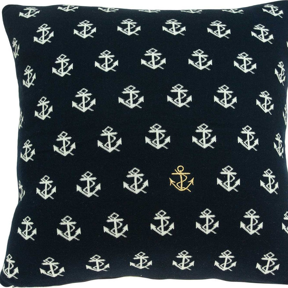 20" Blue and Off White Reversible Nautical Anchor Cotton Throw Pillow