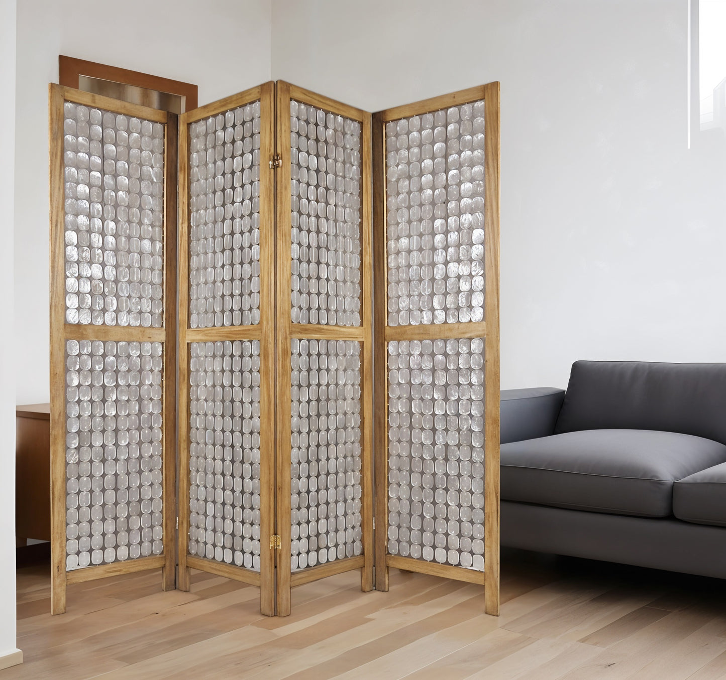 84" Clear Capiz Mother of Pearl Folding Three Panel Screen Room Divider