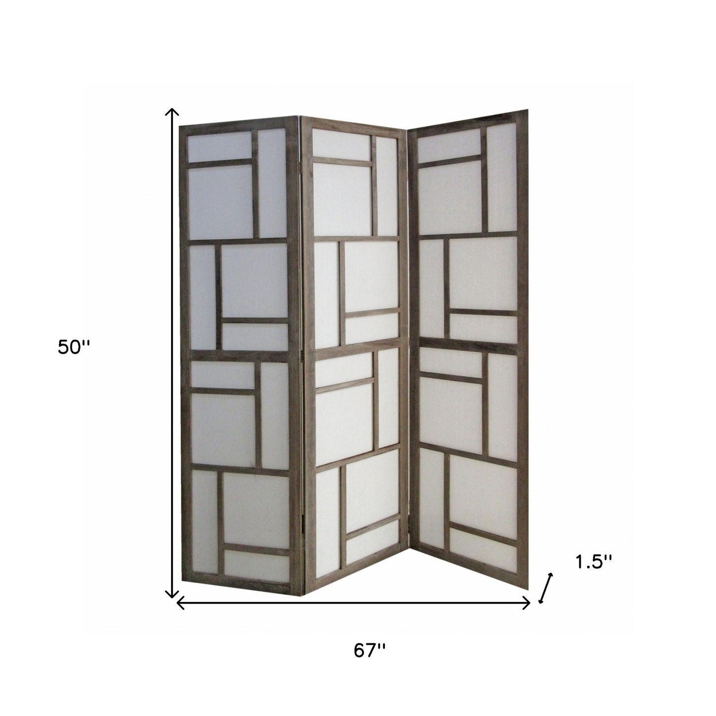 50" Gray and White Wood and Fabric Three Panel Screen Room Divider