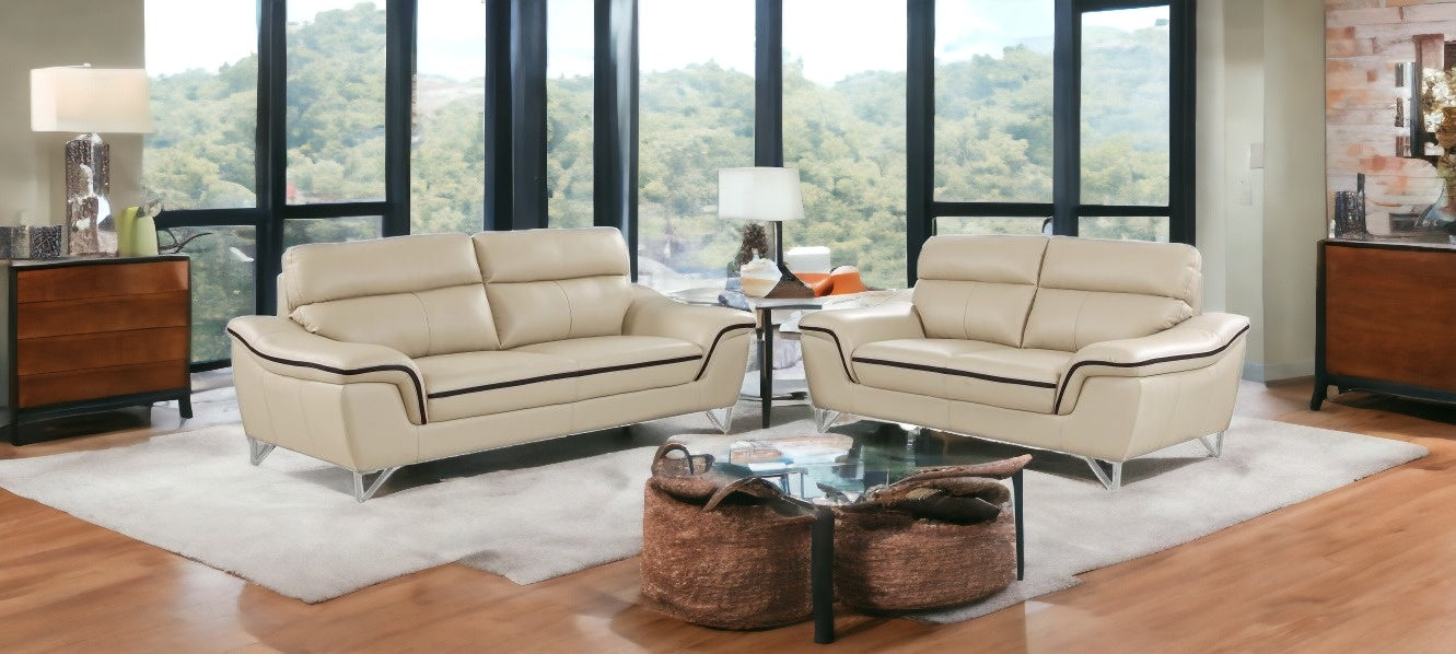 Three Piece Indoor Beige Genuine Leather Six Person Seating Set