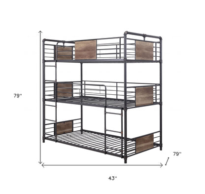 43" X 79" X 79" Sandy Black Dark Bronze Handbrushed Metal Wood Triple Bunk Bed  Twin