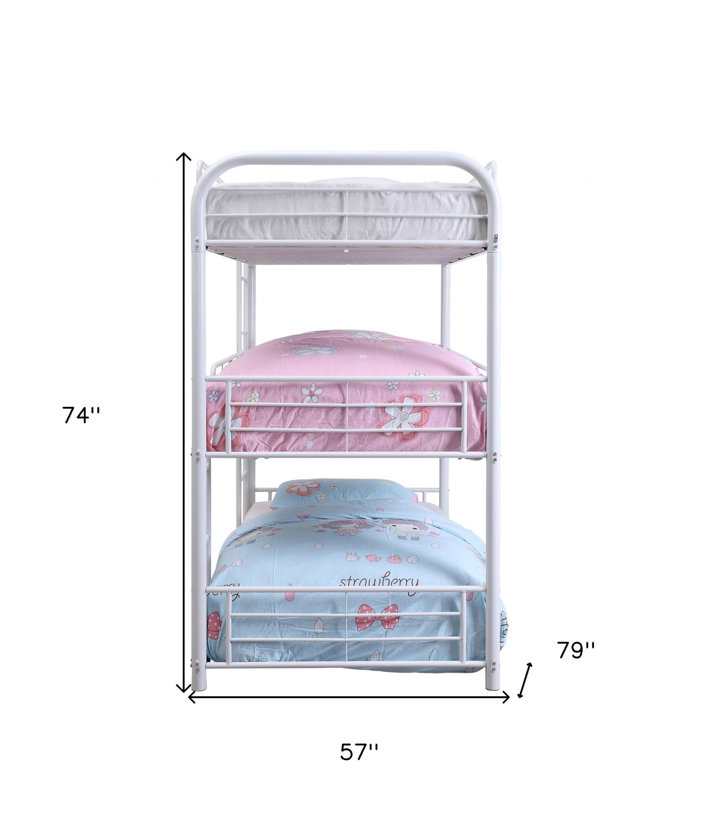 57" X 79" X 74" White Metal Triple Bunk Bed - Full