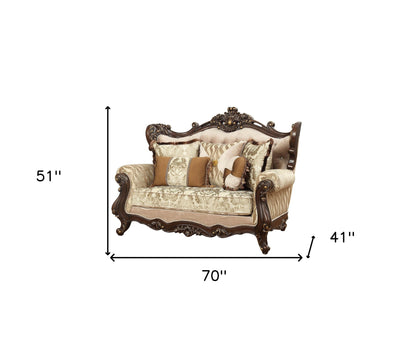 70" Beige and Brown And Brown Damask Loveseat and Toss Pillows