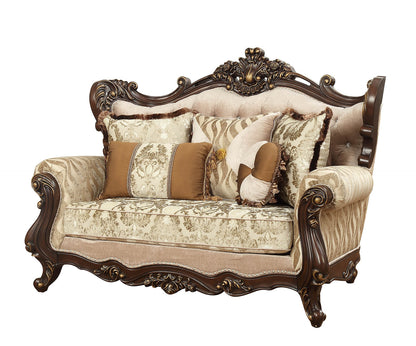 70" Beige and Brown And Brown Damask Loveseat and Toss Pillows