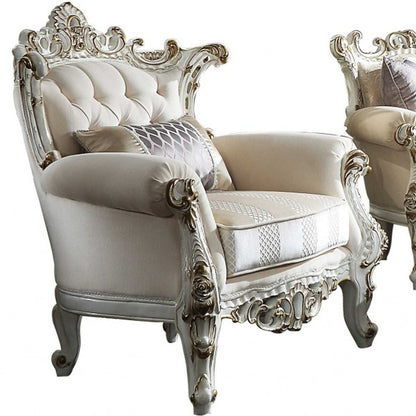 61" Ivory And Silver Damask Chesterfield Loveseat