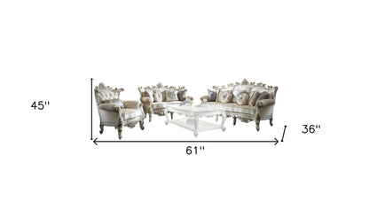 61" Ivory And Silver Damask Chesterfield Loveseat