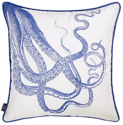 18" White And Blue Octopus Decorative Throw Pillow Cover