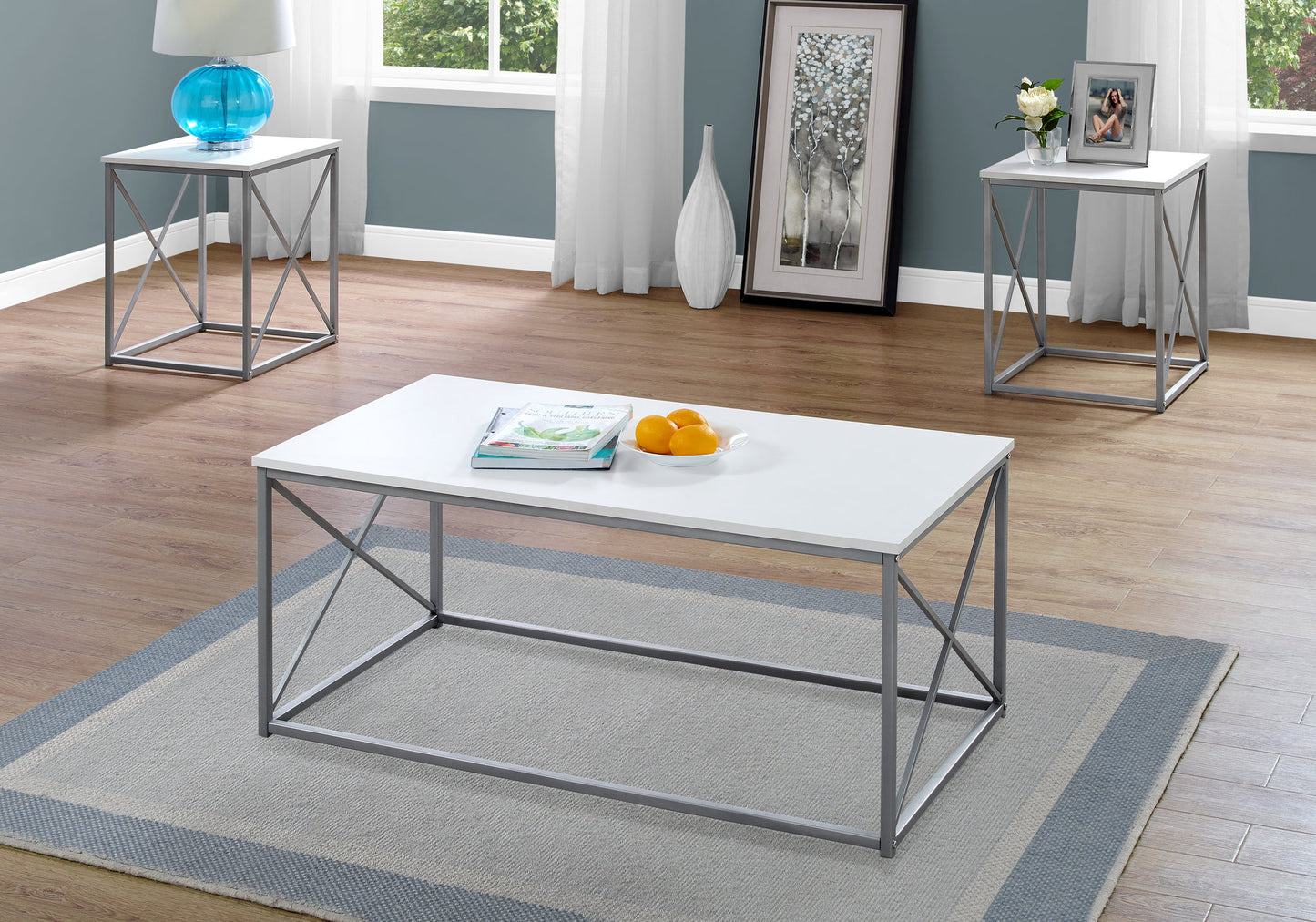 Set of Three 42" White And Silver Metal Coffee Table