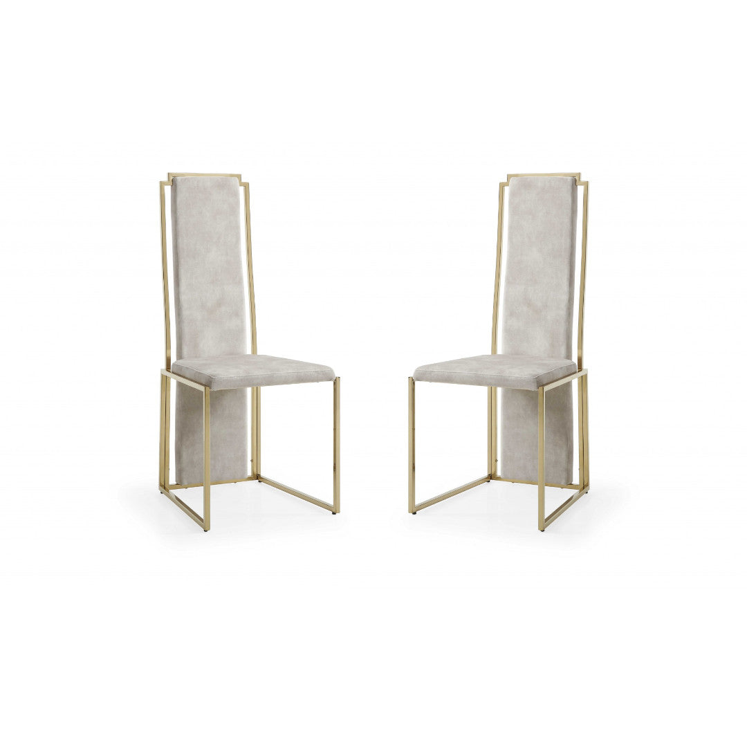 Set Of 2 Ultra Modern Beige Suede And Gold Dining Chairs