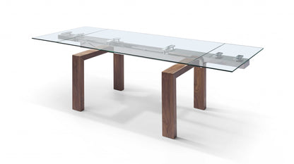 63" Clear and Brown Glass Self-Storing Leaf Dining Table