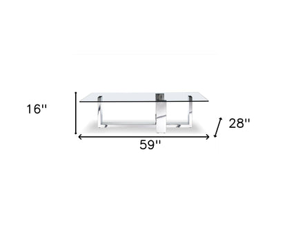 59" Clear And Silver Glass And Steel Coffee Table