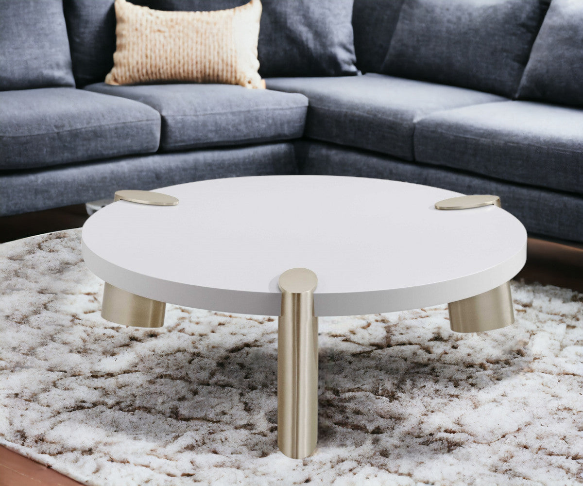 40" White And Gold Stainless Steel Round Coffee Table