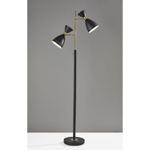 Two Light Brass Cinch Floor Lamp in Black Metal