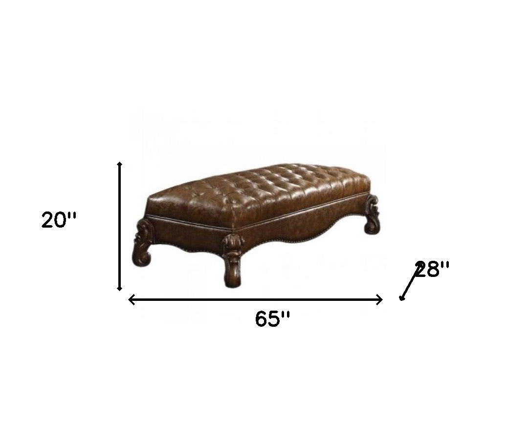 65" Brown Upholstered Faux Leather Bench