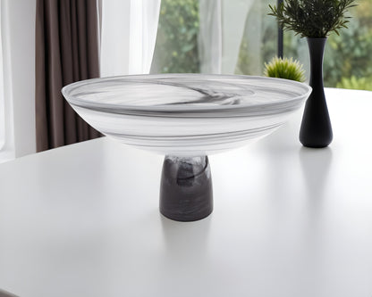 11" Black and White Alabaster Glass Round Pedestal Centerpiece Bowl