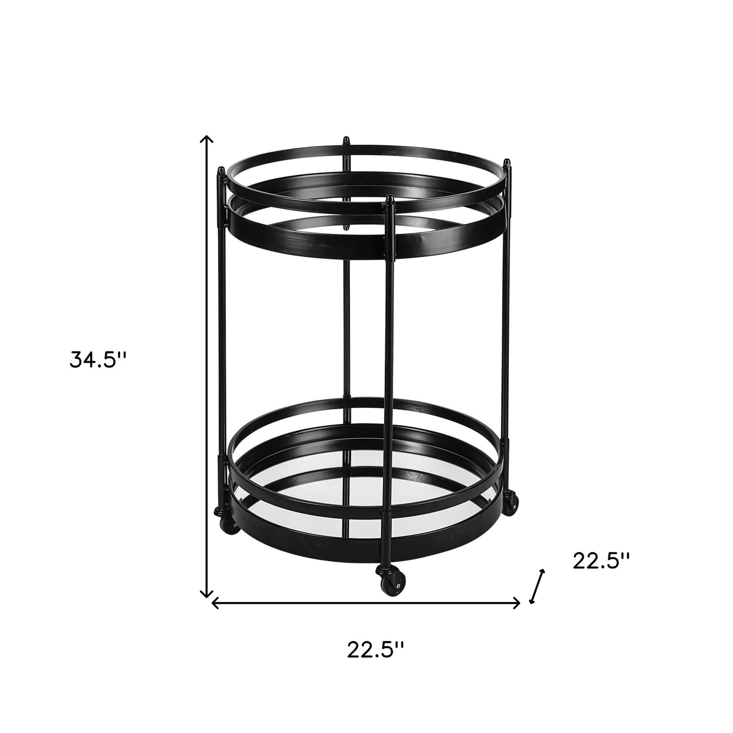 22" Black Metal With Two Mirror Glass Botton Shelves Bar Cart