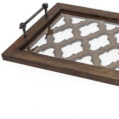 Medium Brown Wood With Metal Quatrefoil Pattern Glass Bottom Tray