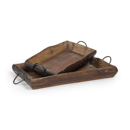 Set Of 2 Medium Brown Recycled Wood With Flaunt Metal Handles Trays