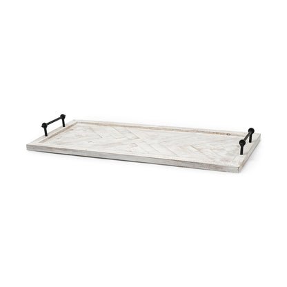 Whitewashed Tone Wood With Herringbone Pattern With Metal Raised Edges Tray