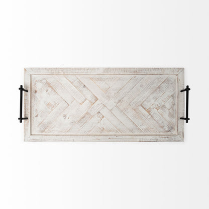 Whitewashed Tone Wood With Herringbone Pattern With Metal Raised Edges Tray