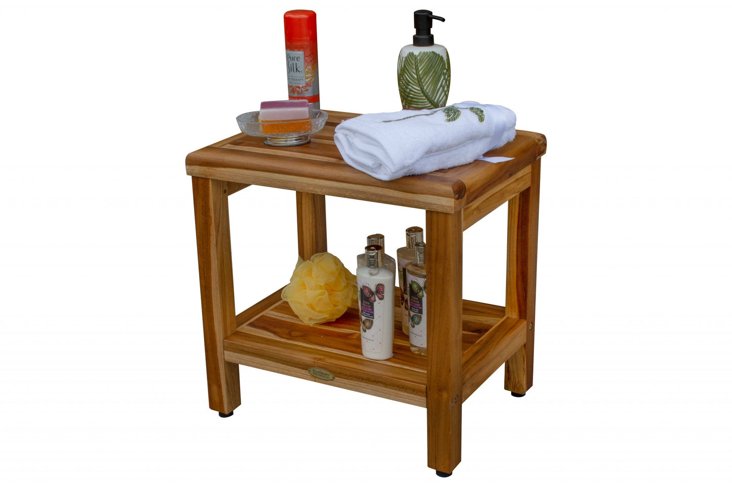 18" Contemporary Teak Shower Stool Or Bench With Shelf In Natural Finish