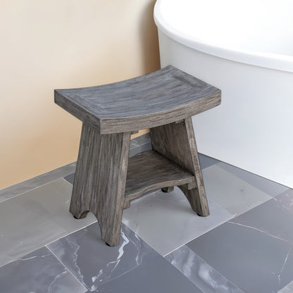 18" Gray Solid Wood Rectangular Shower Bench With Shelf