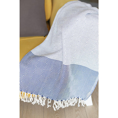 Blue And White Squares And Stripes Turkish Towel Or Throw Blanket